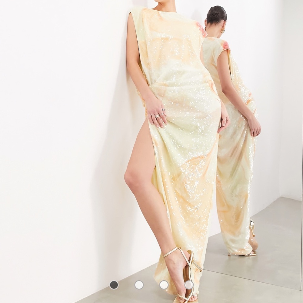 ASOS edition abstract print sequin open side drape midi dress in swirl print